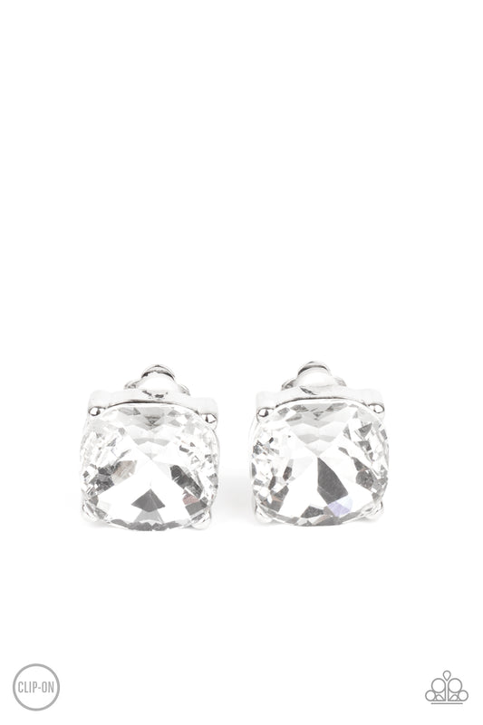 Paparazzi- Bombshell Brilliance - White Clip-On Earrings