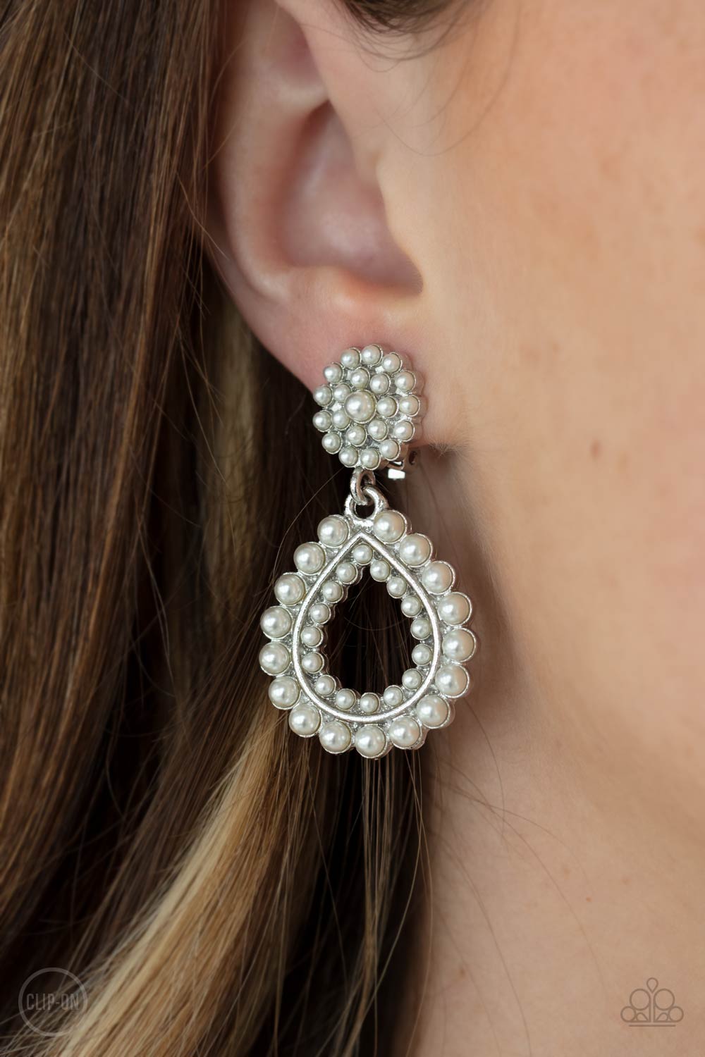Paparazzi - Discerning Droplets - White Clip-On Earrings